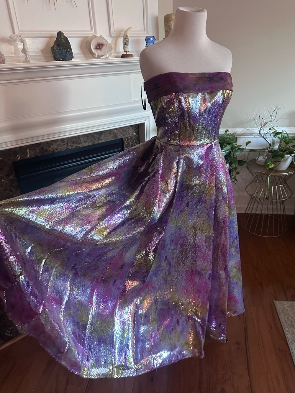 Theia Couture Metallic Multicolor watercolor Midi Dress in Purple